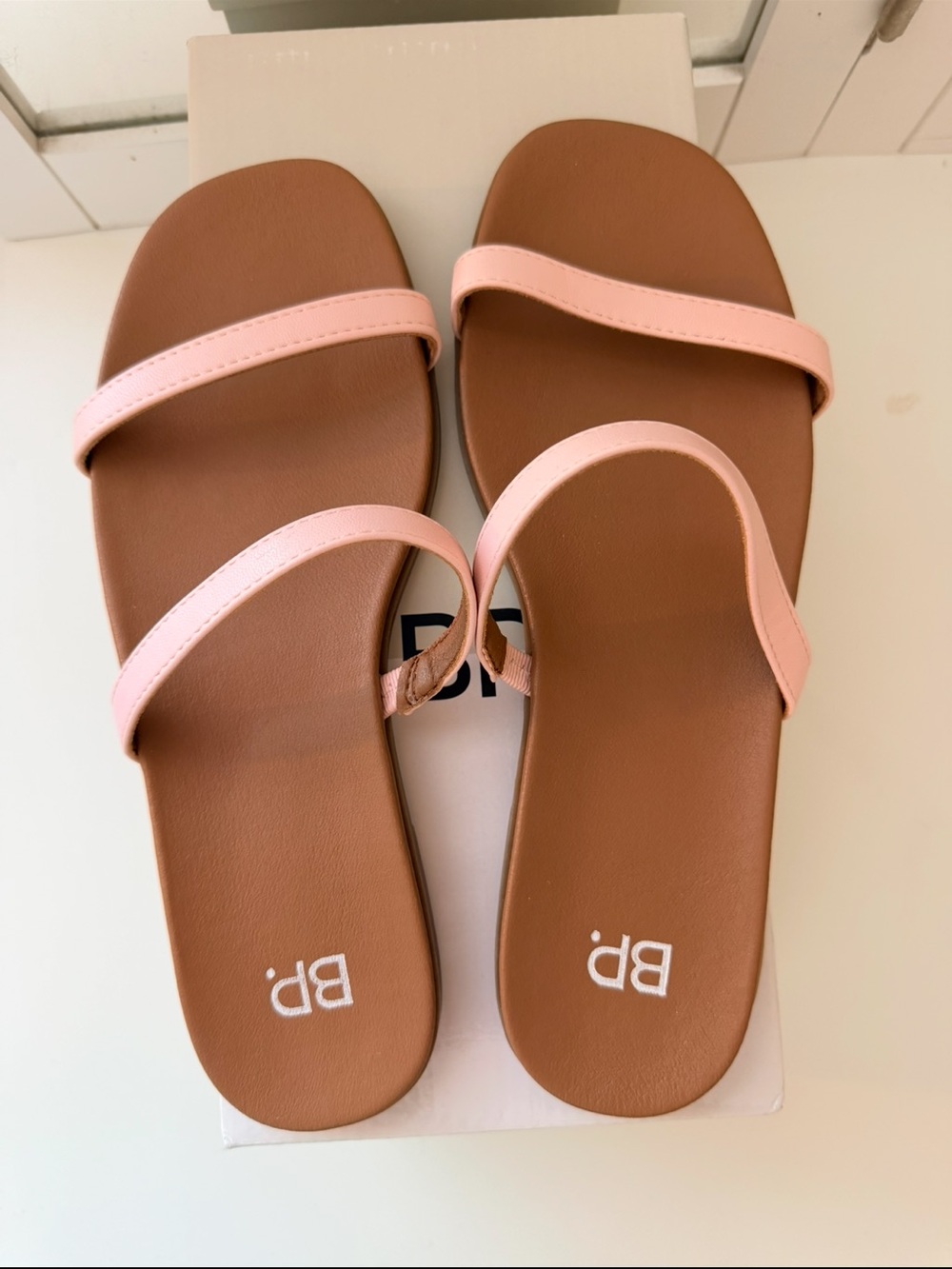 bp Pink Strap Tan Footbed Slide Sandals
